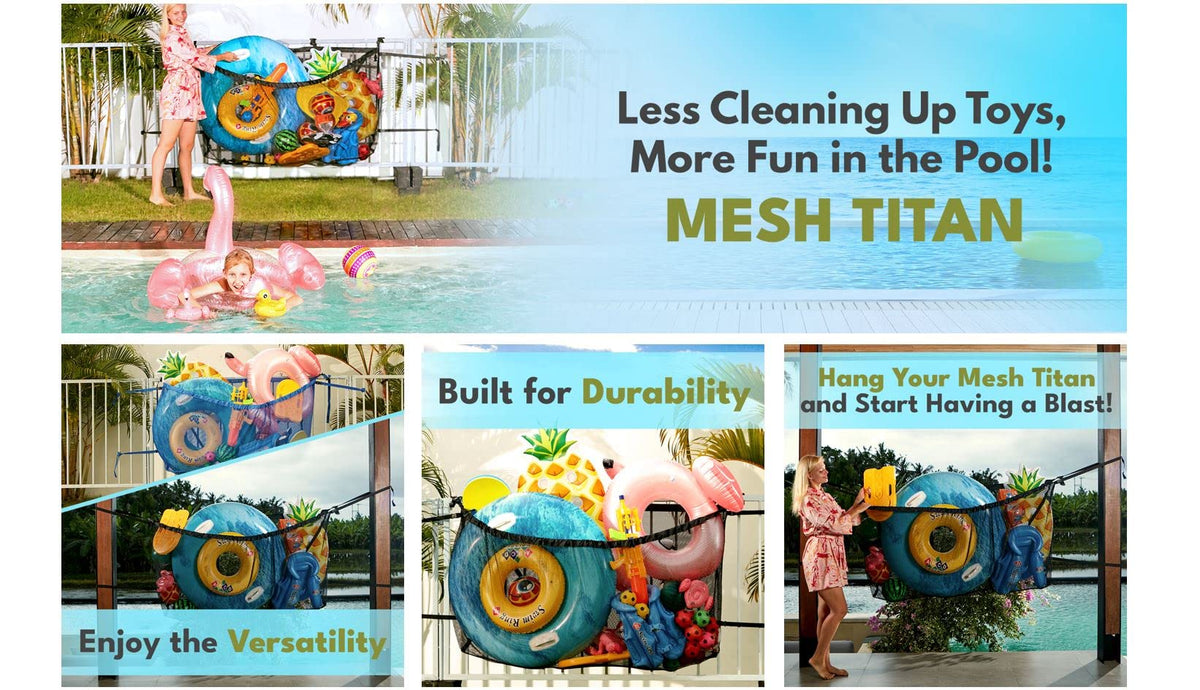 MeshTitan Heavy-Duty Pool Storage Bag - Floats & Toys Organizer with Sturdy Mesh & Anti-Sagging Support (Black)