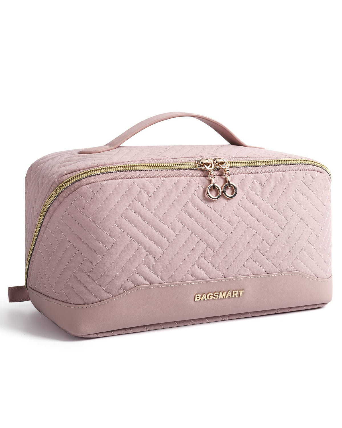 BAGSMART Makeup Bag, Travel Cosmetic Bags Water-resistent Makeup Case for Women Portable Pouch Open Flat Make Up Organizer for Toiletries, Brushes, Pink