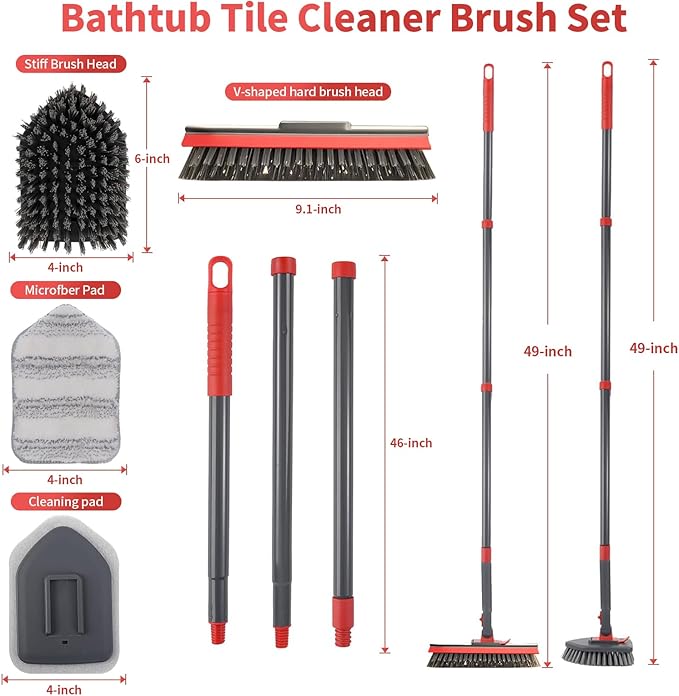 Tile Tub Scrubber Brush No Scratch with 4 Different Function Cleaning Heads and 51" Long Handle- Shower Scrubber for Cleaning Bathroom Kitchen Toilet Wall,Bathtub,Sink，Floors, Walls, mats, Ceilings