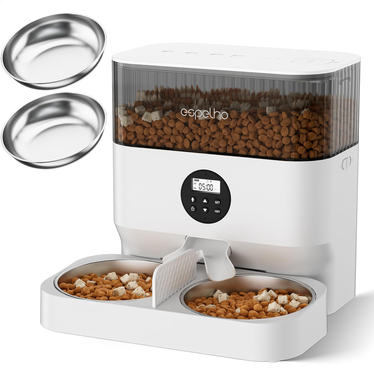 Espelho Automatic Cat Feeders for 2 Cats - 5L Timed Cat Food Dispenser with 2 Stainless Steel Bowls, 10s Meal Call Programmable Portion Control Pet Feeder with Desiccant Bag for Cats & Dogs
