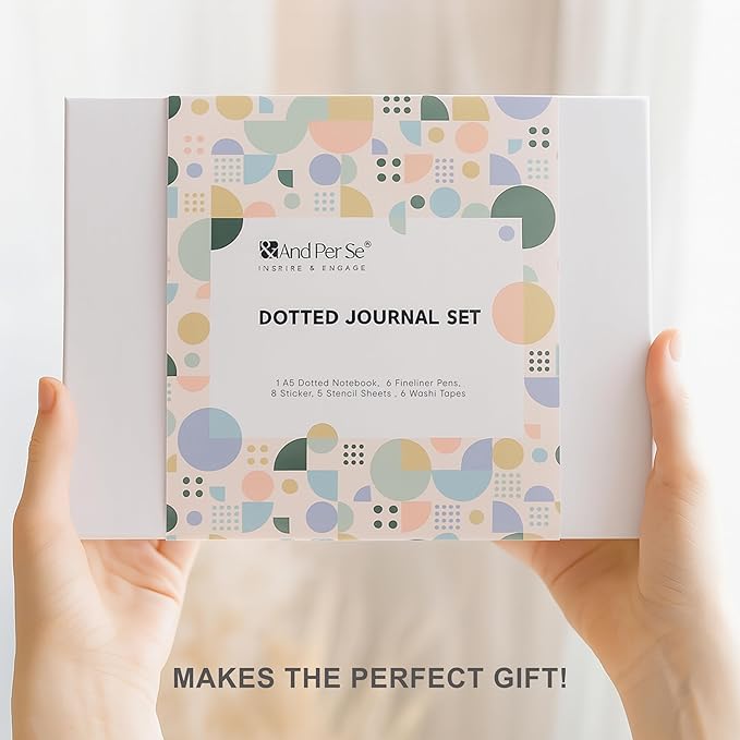 &And Per Se Dotted Journal Notebook Set, A5 Hardcover Dotted Journal (Dark Blue), 6 Fineliner Pens, 8 Sticker, 5 Stencil Sheets & 6 Washi Tapes, Journaling Supplies for Planner Schedule