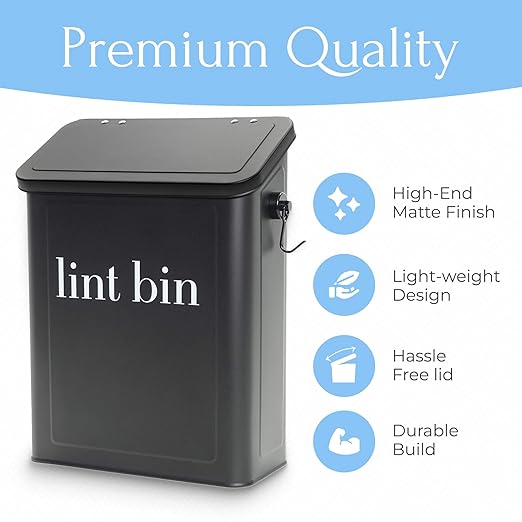 Magnetic Lint Bin for Laundry Room Organization and Storage, Includes Magnetic Hook & Lint Brush, Wall-Mounted Laundry Dryer Bin for Laundry Room Decor, Space-Saving Trash Can (Matte Black)