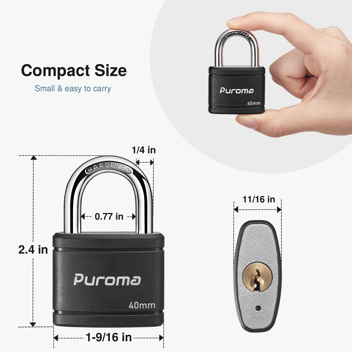 Puroma 2 Pack Keyed Padlock with 3 Keys Alike, 1.1 Inch Locker Lock 40mm Heavy-Duty Locks for Gate Fence Hasp Cabinet Toolbox School Gym Locker (Black)