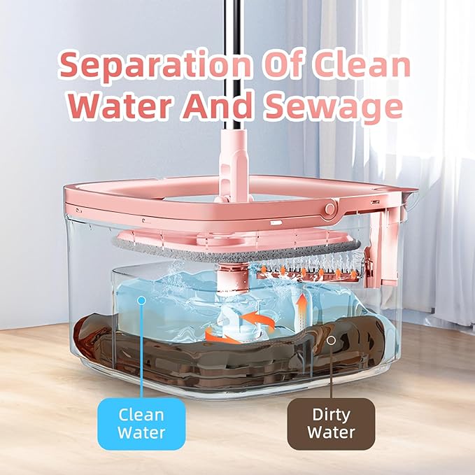 Spin Mop and Bucket Set with Self - Separation System, 360° Spinning Self - Wringing, Square Cleaning Mop and Bucket with Wringer - with Replaceable Mops (Pink Mop and Bucket Set with 2 Pads