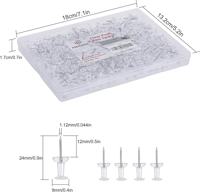 PAPERPAL 280 Clear Push Pins for Cork Board, Clear Thumb Tacks for Wall Hangings, Pushpins for Office School & Personal Use, Standard Size Push Pin Tacks