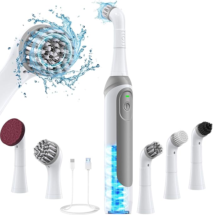 kHelfer Rechargeable Electric Grout Brush with Built-in Battery, Upgraded KH6A Stainless Steel Wire Power Brush & IPX7 Waterproof, Cordless Cleaning Brush & 5 Replacement Heads for Grout, Crevice