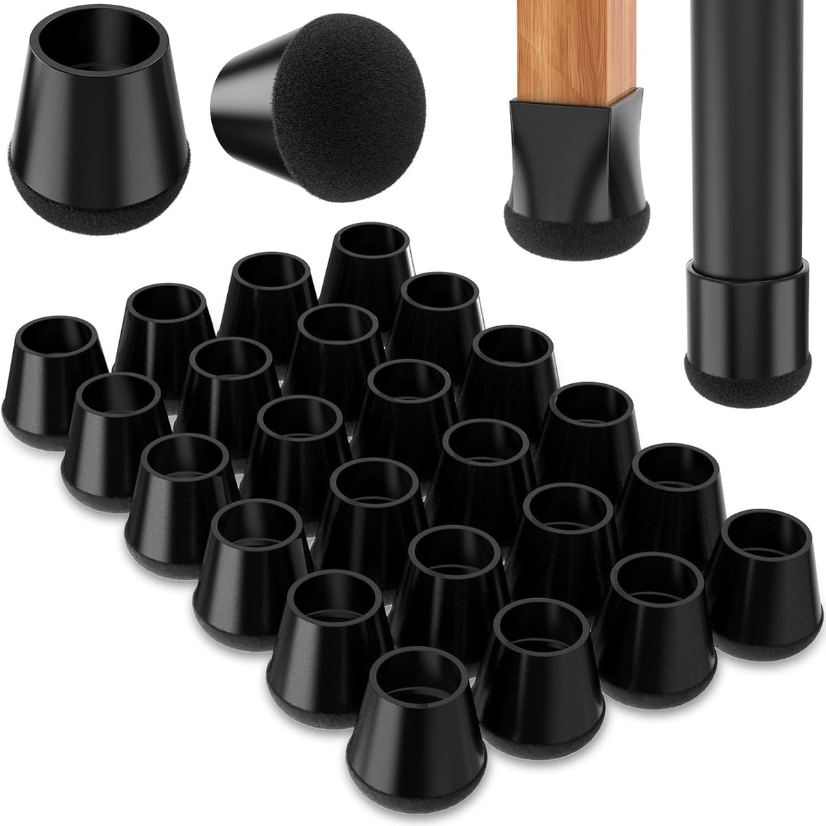 Chair Leg Floor Protectors Small 24Pcs,Silicone Chair Leg Protectors for Hardwood Floors/Tiles,360°Wrapped Felt Bottom to Prevent Scratch and Reduce Noise, Round Black