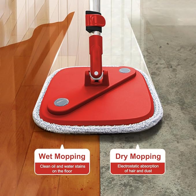 Spin Mop and Bucket Set with Separation Dirty and Clean Water System, Self Wringing 360° Rotating Clean Mop-Head and Bucket Set for Hardwood Tile Marble Floor with 2Pads-Black+Red