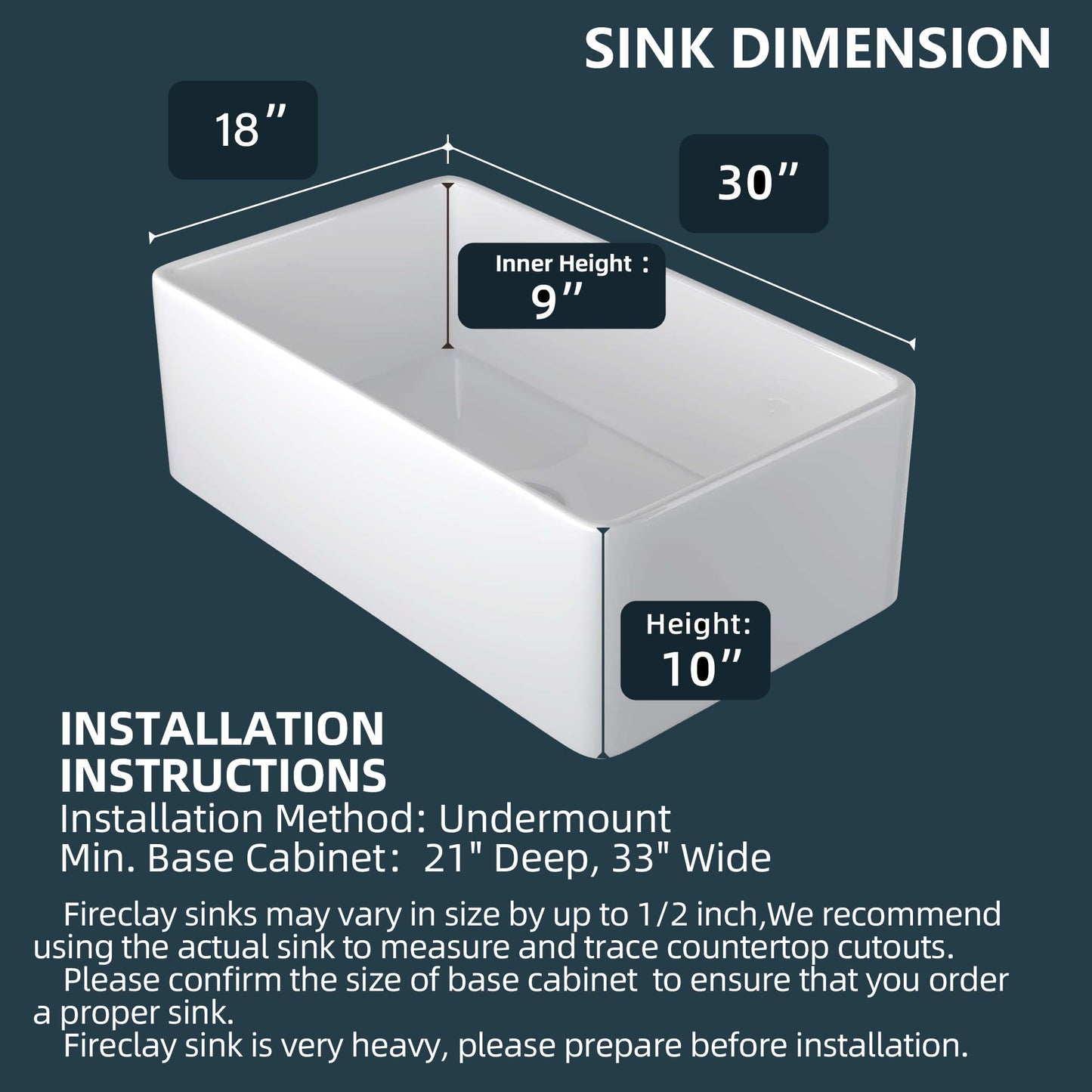 Miuara Farmhouse Sink 30 Inch - White Apron Front Kitchen Sink Reversible 30"x18", Undermount Farm House Style Single Bowl, Heavy Duty Solid Fireclay, Glossy White, for Kitchen & Laundry