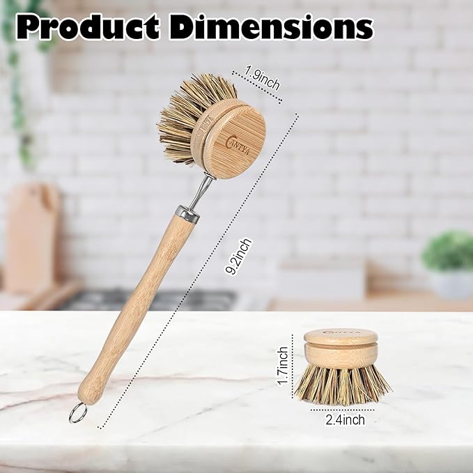 Bamboo Dish Scrubber with Handle - Natural Hard Bristles, Compostable & Sustainable, Kitchen Scrub Brush for Dishes, Pots and Pans