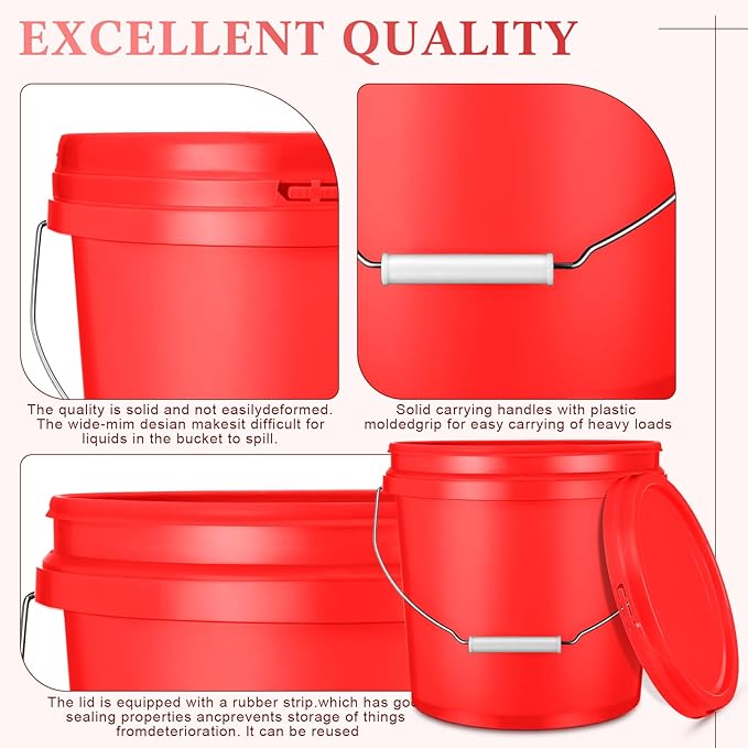 6 Pack 2 Gallon Plastic Bucket with Lid Heavy Duty Pail with Metal Handle Reusable Small Multipurpose Paint Buckets Container for Food Storage(Red)