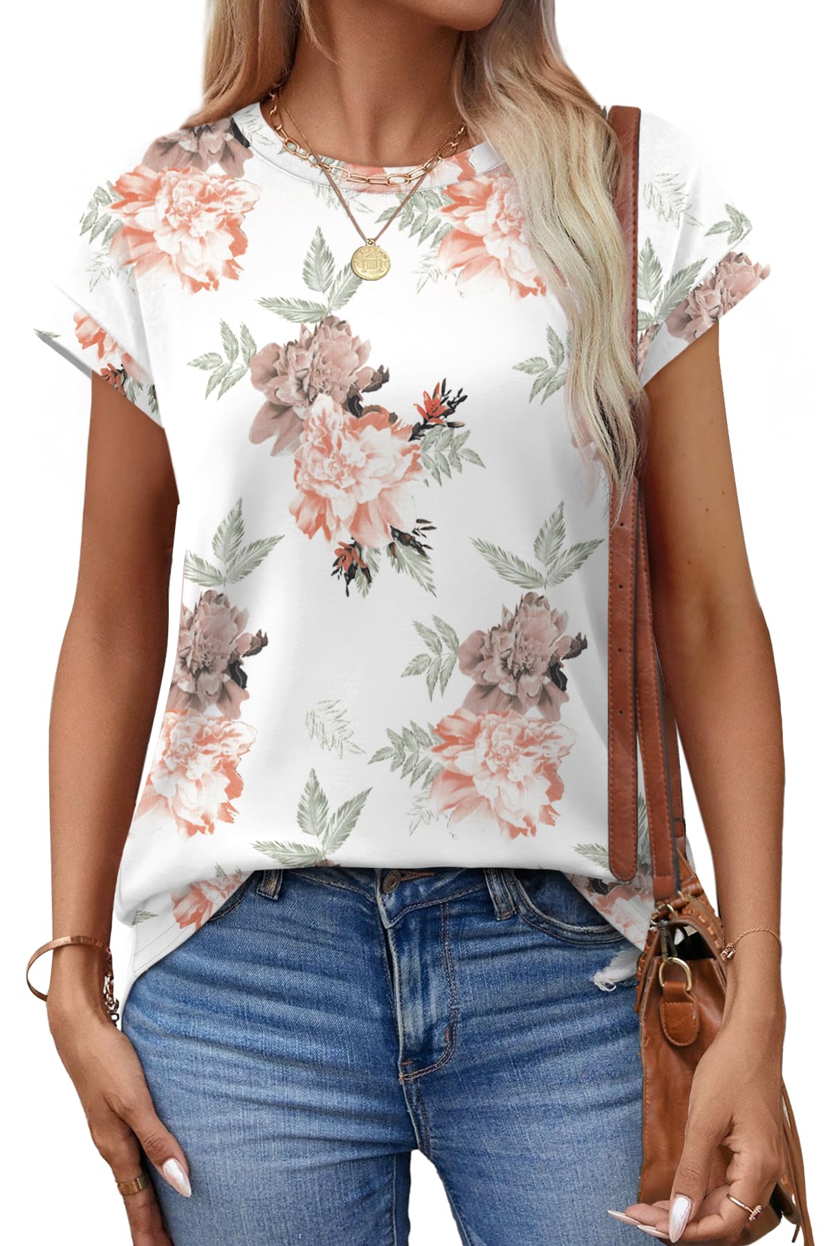 Alaroo Womens Spring Tops Casual Crew Neck Shirts Short Sleeve Tunic Basic Tees Print 02 L
