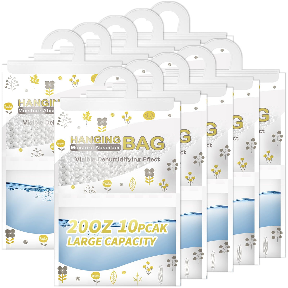Vacplus Moisture Absorbers, Hanging Closet Dehumidifier Bags, Humidity Packs, Desiccant, Closet Dehumidifiers with Fragrance Free, 10 Pack, 20.0 OZ