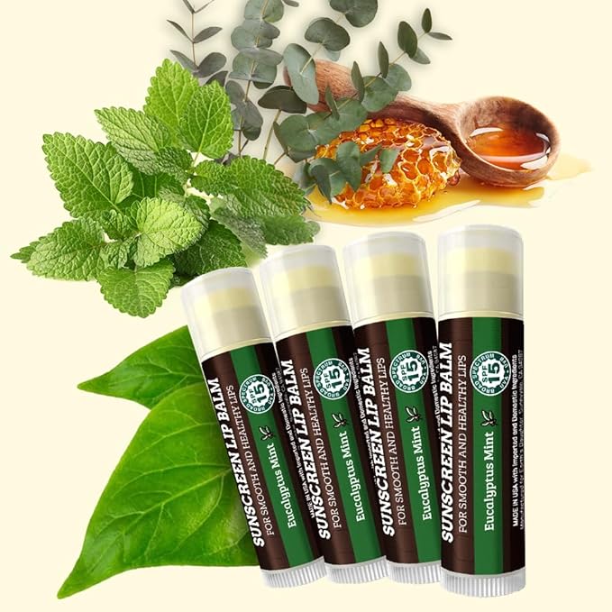 Earth's Daughter SPF Lip Balm Eucalyptus Mint 4-Pack - Lip Sunscreen, SPF 15, Organic Ingredients, Beeswax, Coconut Oil, Vitamin E - Hypoallergenic, Gluten Free