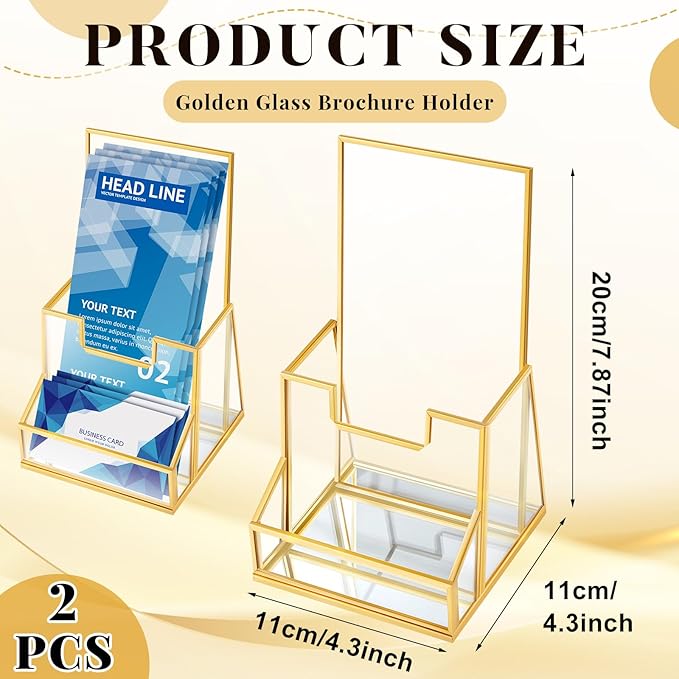 2 Pcs 4 Inches Gold Glass Brochure Holder Countertop Literature Trifold Pamphlet Stand with Business Name Card Holder Flyer Brochure Display for Magazine, Booklets, Menu, Journals Display