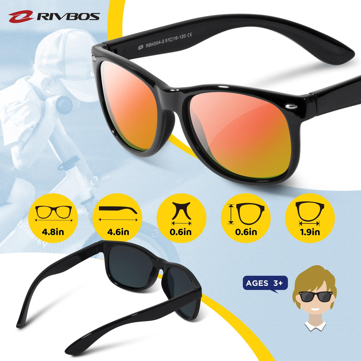 RIVBOS Kids Sunglasses Boys with Strap Polarized Rubber Flexible Shades for Toddler and Children Age 3-10 RBK004-2 Black Ice Red Lens