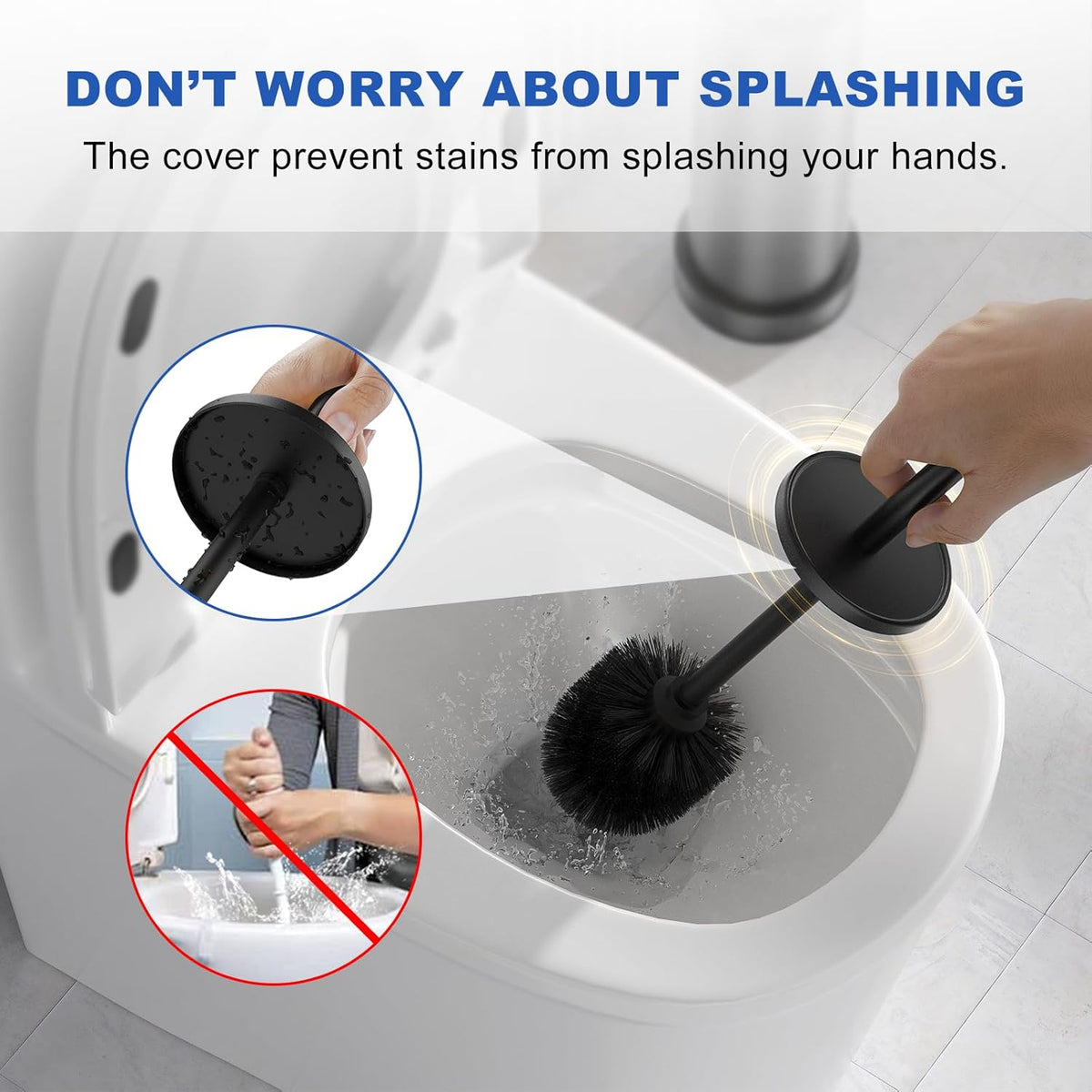Black Toilet Brush and Holder Set, 304 Stainless Steel Heavy Duty Toilet Bowl Brush and Holder with Long Handle, Removable Inner Bowl and Splash Protection Modern Toilet Cleaner Brush for Bathroom
