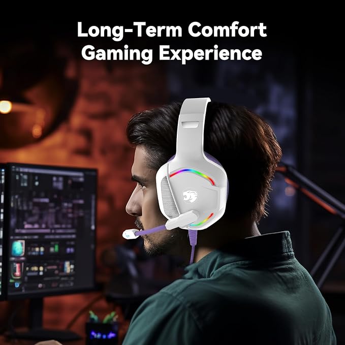 Gaming Headset with Microphone for Pc, Xbox One Series X/s, Ps4, Ps5, Switch, Stereo Wired Noise Cancelling Over-Ear Headphones with Mic, RGB, for Computer, Laptop, Mac, Nintendo (White Purple)