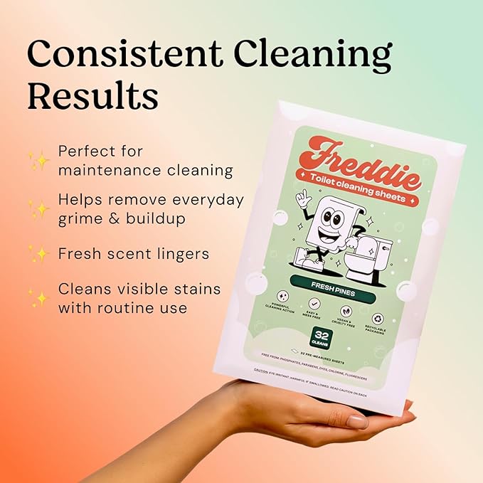 Freddie Toilet Cleaner Sheets - Fresh Pines Scent - Plastic Jug-Free Alternative to Liquid Cleaners - 32 Dissolvable Cleaning Strips