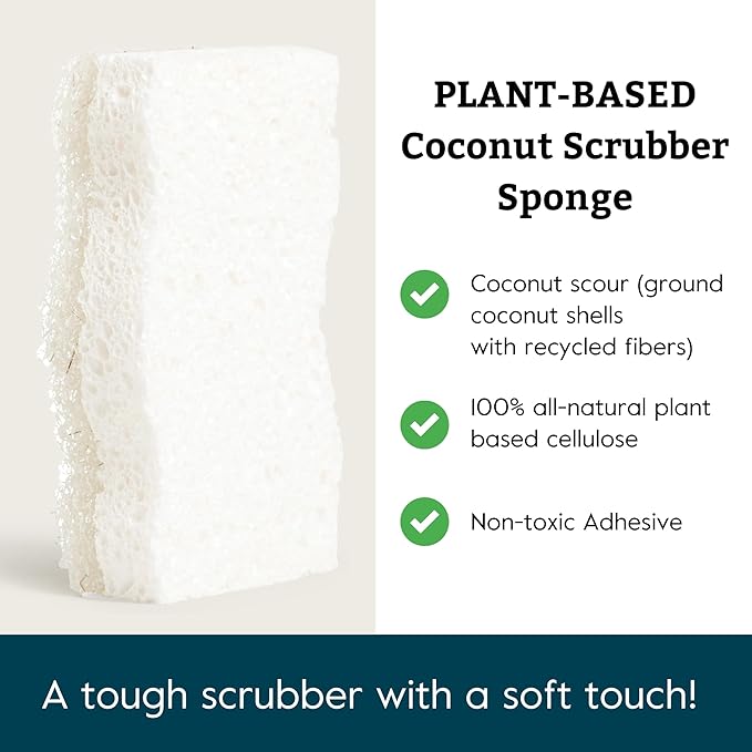 Grove Co. Sponges, Natural Coconut Scrubber Kitchen Sponge, Dual-Sided, Non-Scratch, Super Absorbent Plant-Based Cellulose with Coconut Husk Scourer, Household Cleaning Essentials, 6 Pack