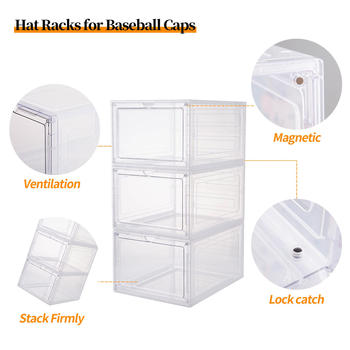 Hat Organizer for Baseball Caps,set of 6, Transparent Hat Storage Box, Hat Holder With Clear Magnetic Door, Stackable Hat Rack, Easy to Assemble Stylish Hat Display(13.5 "x 10.6" x 7.5 ")