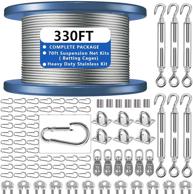Heavy Duty Batting Cage Netting Wire Tension Kit Inflatable Batting Cage Cable Kit Net Hanging Kits Batting Cage Frame Kit for Home Backyard Outdoor Baseball and Softball Batting Cage