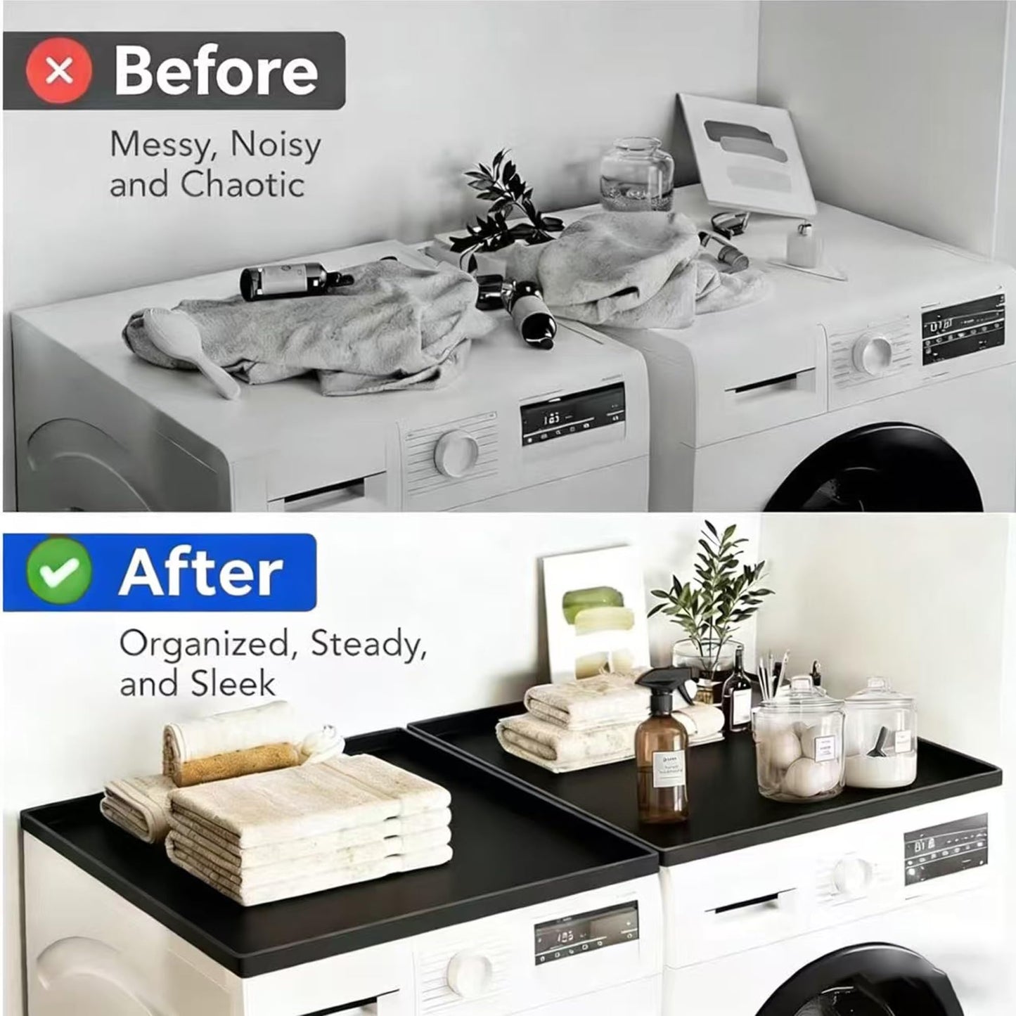 2-Pack Washer Dryer Top Protector Mat 23.6"x19.7" Anti-Vibration Anti-Slip Washing Machine Cover, Raised Edge Waterproof Pad, Shock-Absorbing Silicone Mat for Laundry Basket & Detergent Organizer