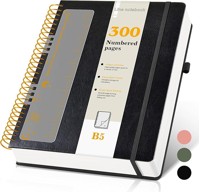 B5 Spiral Notebook Journal 7.6” x 10”, 300 Numbered Pages Hardcover Leather Journals for Women Men, Large Lined College Ruled Notebooks, 100GSM Thick Paper, Spiral Bound Journal for Work School, Black