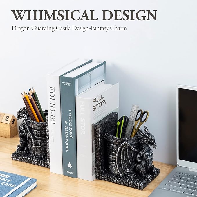 MyGift Gothic Black Resin Dragon Guarding Castle Pencil Cup Bookends, Office Desk Book Ends with Decorative Fantasy Dragons and Stone Tower Pen Holders, 1 Pair