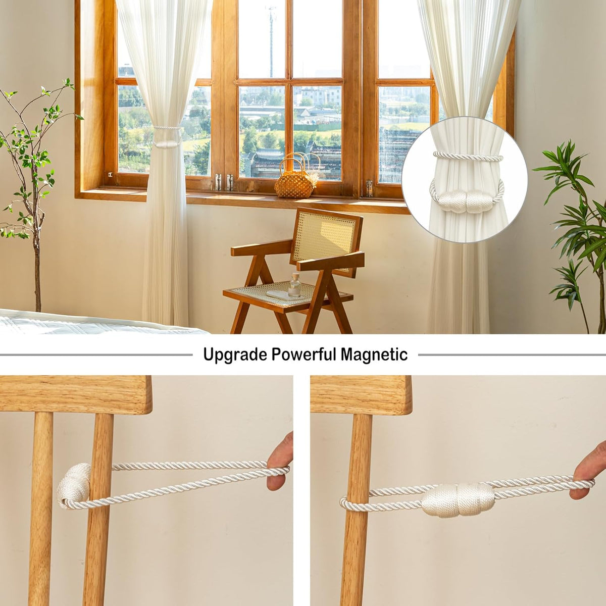 Magnetic Curtain Tiebacks Rope Tie Backs 2 Pack Curtains Holders for Drapes Decorative Window Holdbacks, White