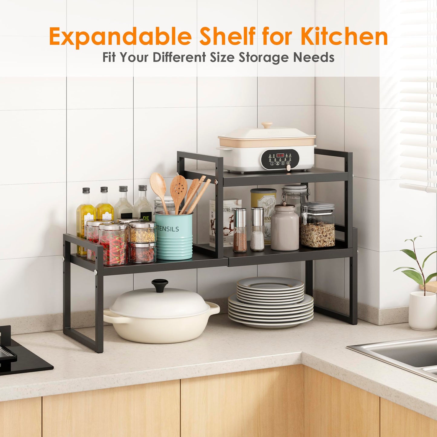 DOLALIKE Expandable kitchen Countertop Organizer, Stackable Cabinet Shelf Organizers, Space Saving Spice Rack Pantry Storage for Bathroom Office (Black, 1 Pack)