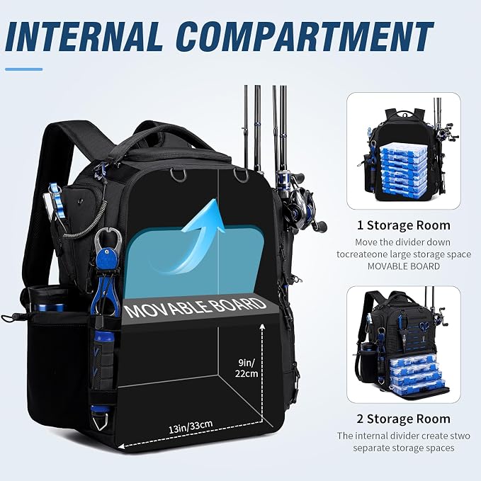 Fishing Tackle Backpack with Tackle Boxes, Two Rod Holders, Bottle Holder, 50L Waterproof Tackle Bag for Fishing Gear, Fish Gifts for Men, Black (4 Tackle Boxes Included