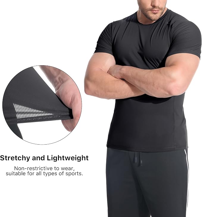 BROKIG Mens 4.9oz Cooling Gym Workout Shirts,Bodybuilding Athletic Running Shirt Casual Crew Neck Fitted Short Sleeve