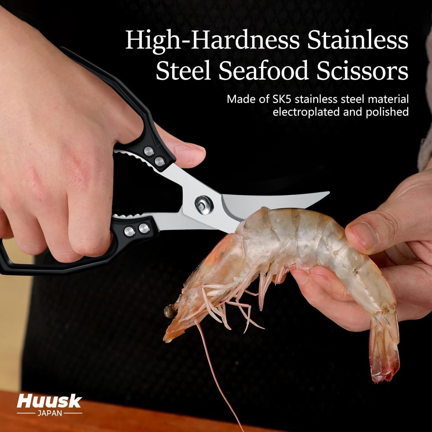 Huusk Black Multi-Purpose Seafood Scissors - Easy to Take Apart for Thorough Cleaning -Sharp Kitchen Shears with Oversized Handles for Less Strain - for Crab, Shrimp,Christmas Gift for Men and Women