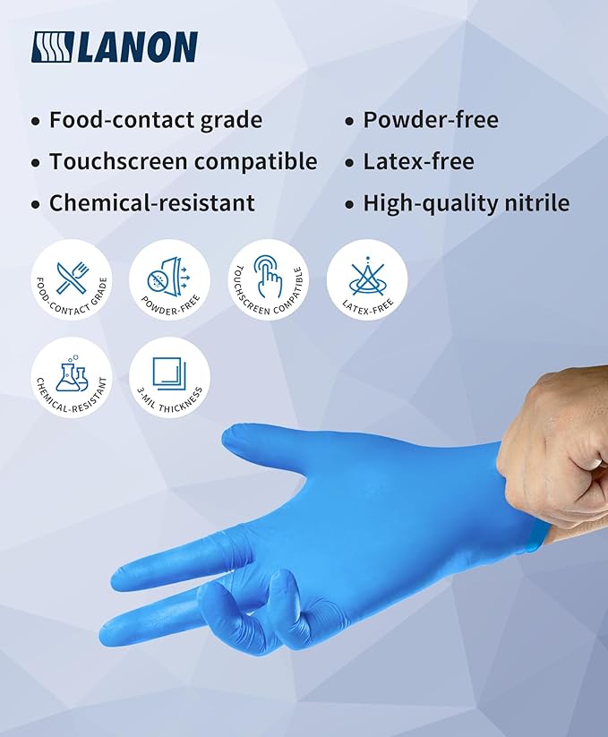 LANON Protection Blue Disposable Nitrile Gloves, Silicone-Free, Food-Safe, Chemical Resistant, Powder-Free, Textured Fingertips, Cooking, Cleaning, Case, Large