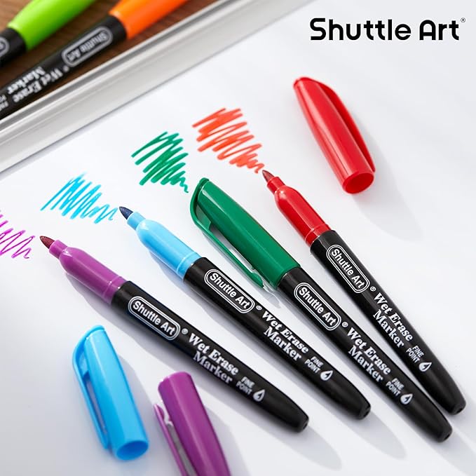 Shuttle Art Wet Erase Markers, 10 Colors 1mm Fine Tip Smudge-Free Markers, Use on Laminated Calendars, Overhead Projectors, Schedules, Whiteboards, Transparencies, Glass, Wipe with Water