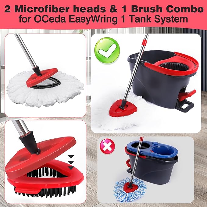 Mop Replacement Heads 2 Pcs & 1 Scrub Brush Combo for Ocedar Easywring 1-Tank System,Microfiber Spin Mop Replacement Head,Machine Washable for Bathroom,Kitchen,Tub and Tile Cleaning