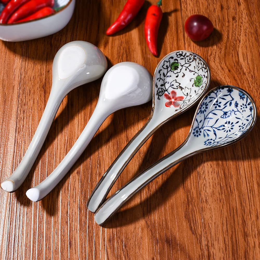 Set of 4 Japanese Ceramic Soup Spoons with Different Patterns Porcelain Rice Spoons with Long Handle Suitable for Rice Porridge Cereal Wonton Tong Sui Pho Udon and Ramen