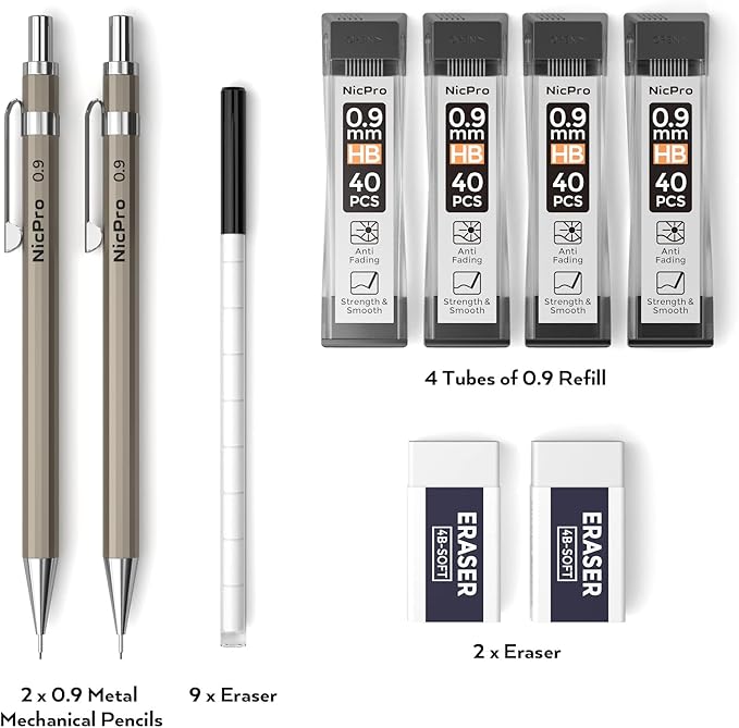 Nicpro 2 PCS 0.9 mm Metal Mechanical Pencils Set, Drafting Pencil for Artist Writing, Sketching, Drawing, with 4 Tubes HB Lead Refill & Erasers, Erasers Refills & Storage Case