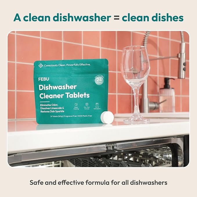 FEBU Dishwasher Cleaner Tablets Made in USA | Natural Dishwasher Cleaner and Deodorizer | Eliminates Grease & Grime | 8 Natural, Biodegradable, Plant-Based Ingredients | 24 Tablets - 12 Month Supply