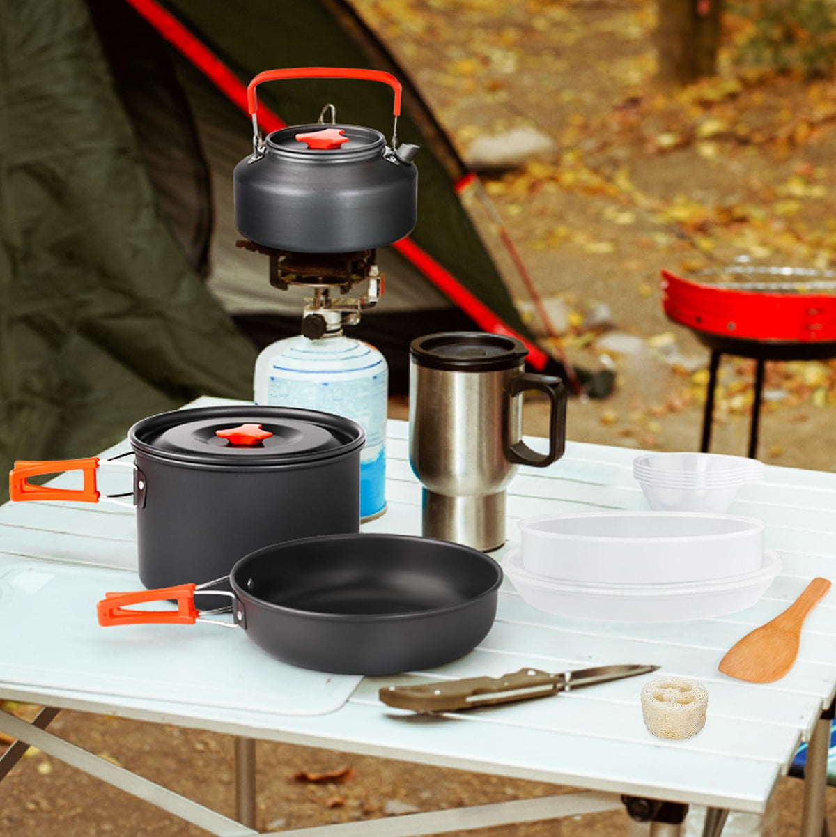 Gutsdoor Camping Cookware Set Lightweight Backpacking Mess Kit, Non-Stick Cooking Equipment Camping Pots and Pans Set with Storage Bag for Outdoor Hiking(16 Piece/Set)