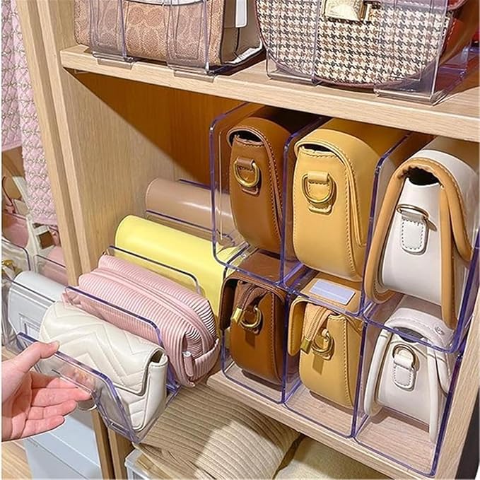 LUGUNU Clear Acrylic Purse Organizer - 3-Section Divider for Handbag Closet Storage - Durable Rack for Purses, Clutches More (Set of 4)