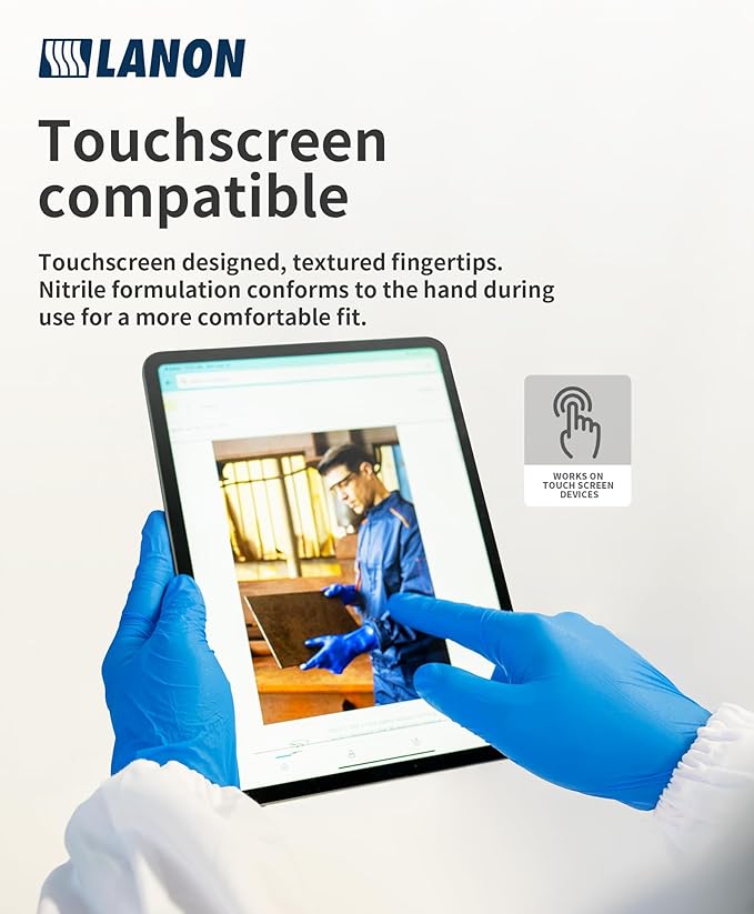 LANON Protection Blue Disposable Nitrile Gloves, Silicone-Free, Food-Safe, Chemical Resistant, Powder-Free, Textured Fingertips, Cooking, Cleaning, Case, Large