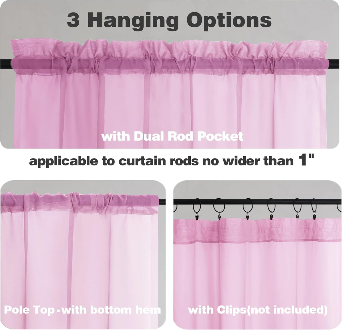 Chyhomenyc Sheer Valances for Windows 2 Pack, Small Window Curtains for Living Room Bathroom Cafe Laundry Basement, Modern Top Dual Rod Pocket Voile Curtain, 42W x 18L inches, Pink