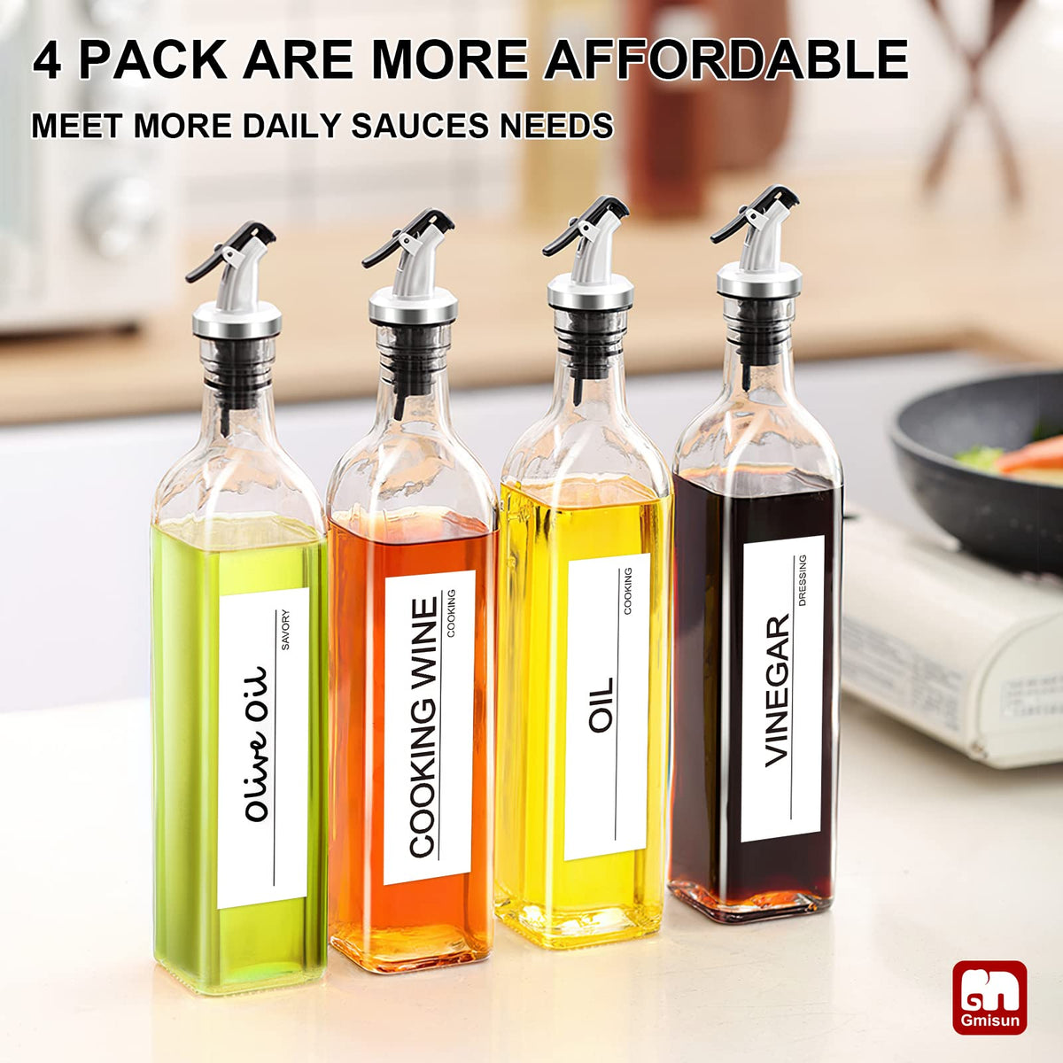 GMISUN Olive Oil Dispenser for Kitchen 4 Pack, Glass Oil Dispenser Bottle 17oz, Cooking Soy Sauce Bottle Container Cruet with Plastic Pourer Spout, Funnel and Labels, Clear
