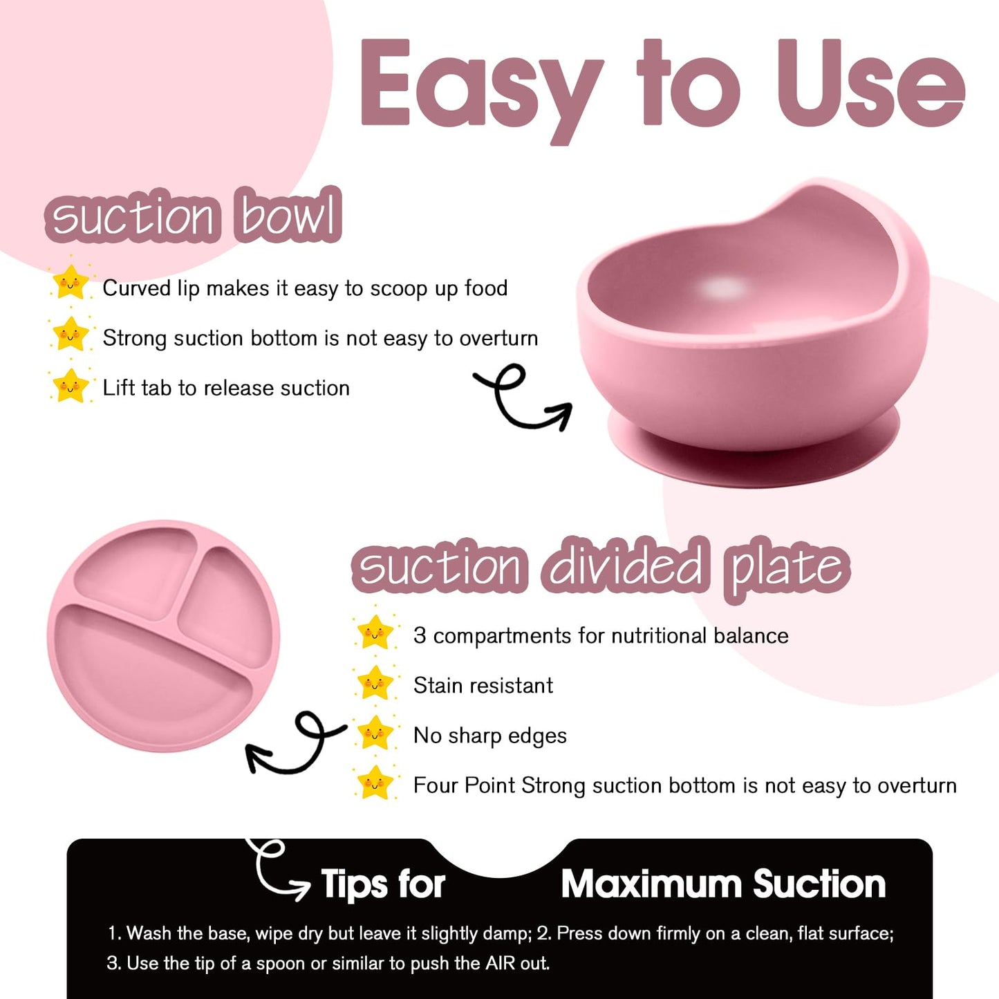 Baby Led Weaning Supplies, 8 Piece BPA-Free Silicone Feeding Set, Silicone Suction Bowl, Forks & Spoons, Bib & Cup, Develops Self Feeding Skills, Dishwasher Safe, for 6+ Months (Pink)