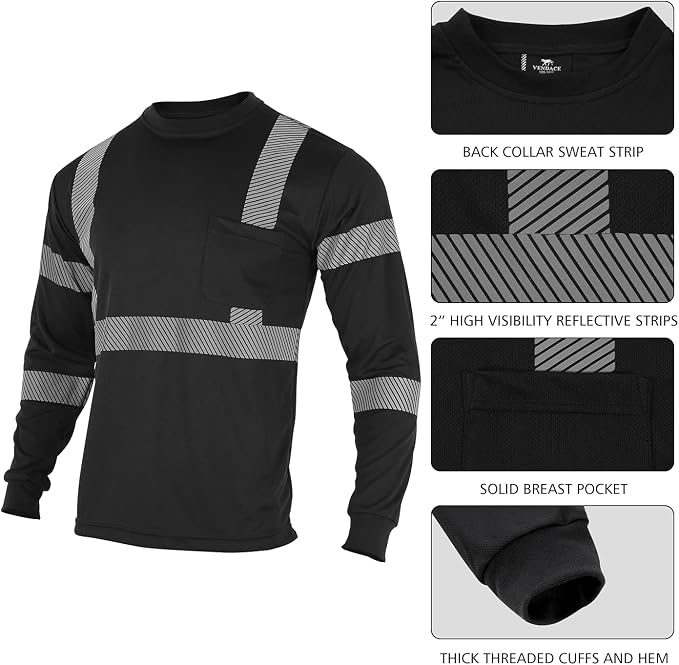 VENDACE 3 Pcs Safety T Shirts Reflective High Visibility Hi Vis Long Sleeve Construction Work Shirts for Men (Black,L)