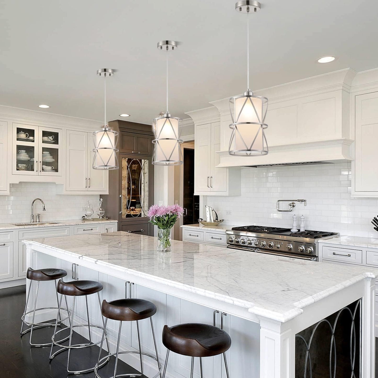 Zlierop Pendant Lights Kitchen Island with Frosted Glass, Brushed Nickel Hanging Kitchen Lights, Cylindrical Modern Pendant Light, Kitchen Pendant Lighting Over Island, Foyer, Dining Room, Entryway