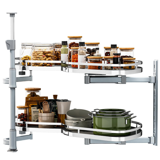 DWVO Corner Cabinet Organizer, 2-Tier Blind Corner Pull Out with 270° Rotating Shelf, Right Swing Tray, Heavy-Duty Iron, Easy-Install Template, 32.7"x17.3"x21.3", Gray