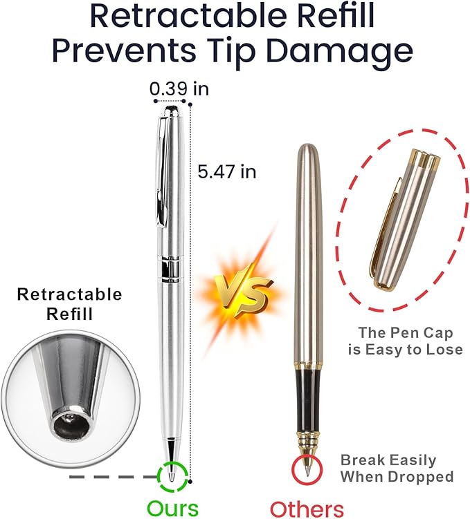 Cambond Ballpoint Pens Bulk Pens - Sliver Metal Pen Nice Luxury Pens for Men Business Office Police Comfortable Writing Twist Retractable 1.0 mm Medium Point Nice Pen, 5 Pack (Silver)